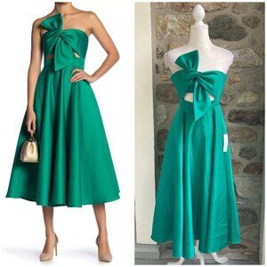 NWT Jay Godfrey Surin Full Circle Strapless Twist-Front Satin Midi Emerald Green
